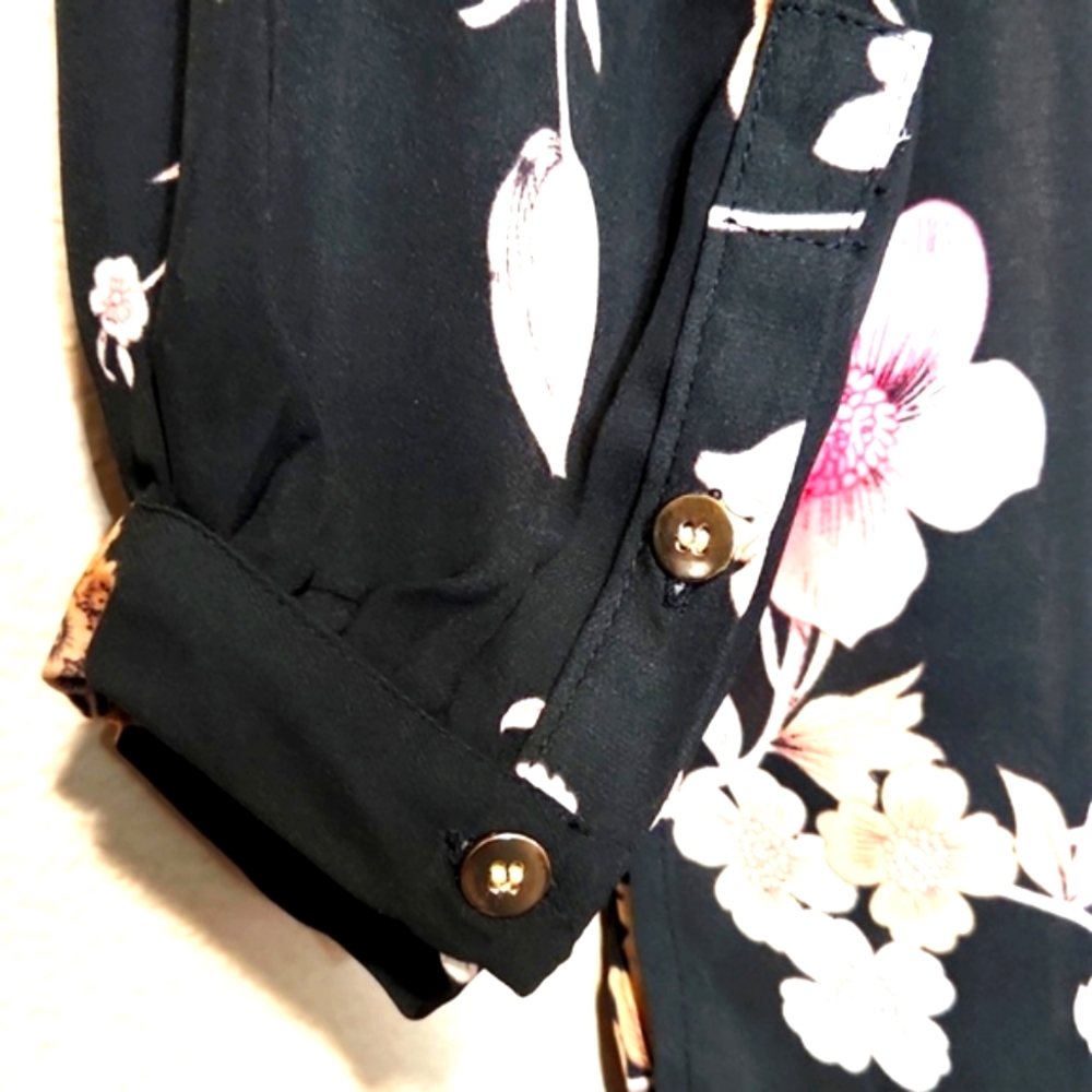 NWT Joan Vass Black Floral Mandarin Collar High Low Style Top Size S - Picture 7 of 11